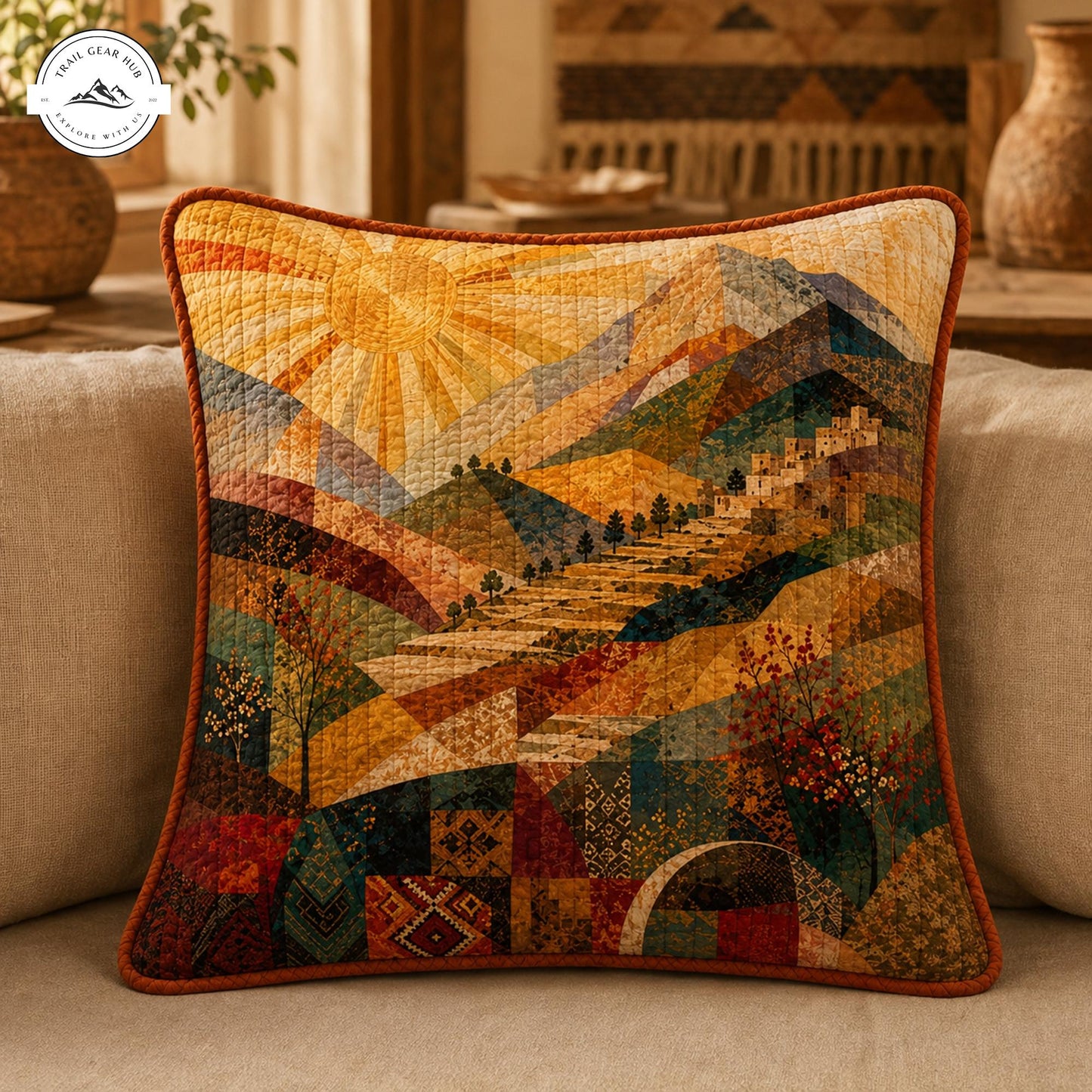 Boho Sun & Mountain Landscape Quilted Pillow Cover TP08QLTPLC