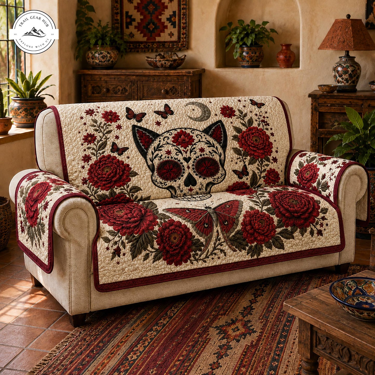 Sugar Skull Cat Quilted Seat Sofa  TP28