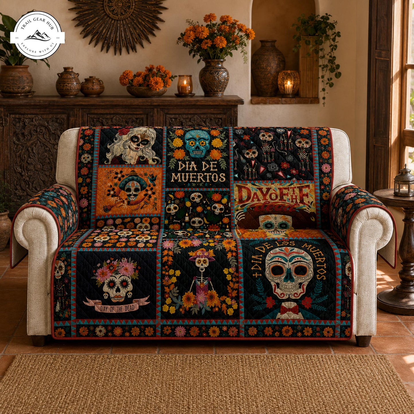 Sugar Skull Floral Quilted Seat Sofa  TP29