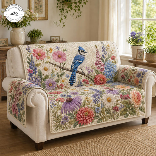 Vintage Blue Jay & Botanical Wildflower Quilted Seat Sofa TP55