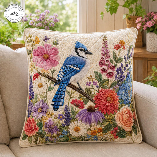 Vintage Blue Jay & Botanical Wildflower Quilted Pillow Cover TP55QLTPLC