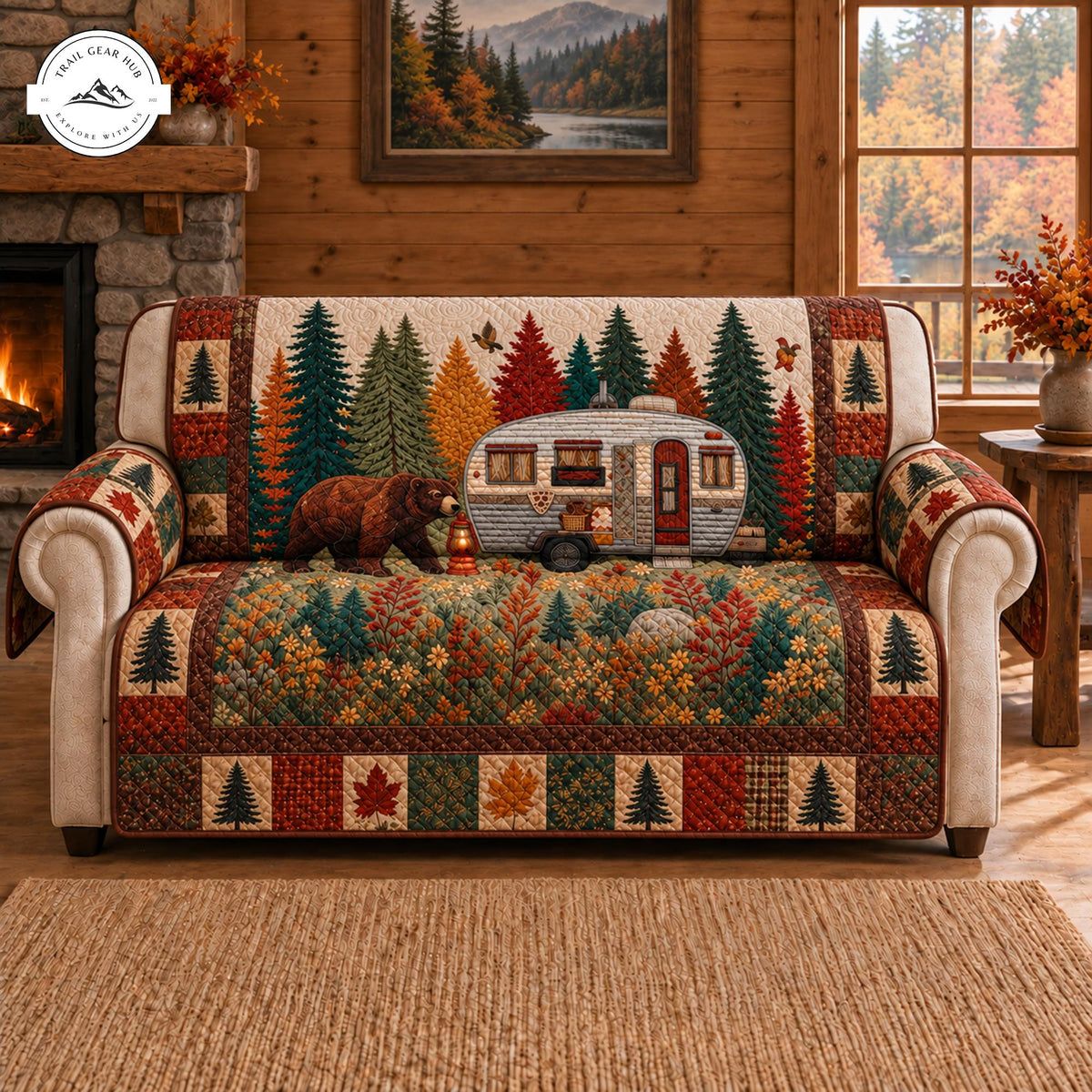 Rustic Forest Bear & Vintage Camper Quilted Seat Sofa TP94