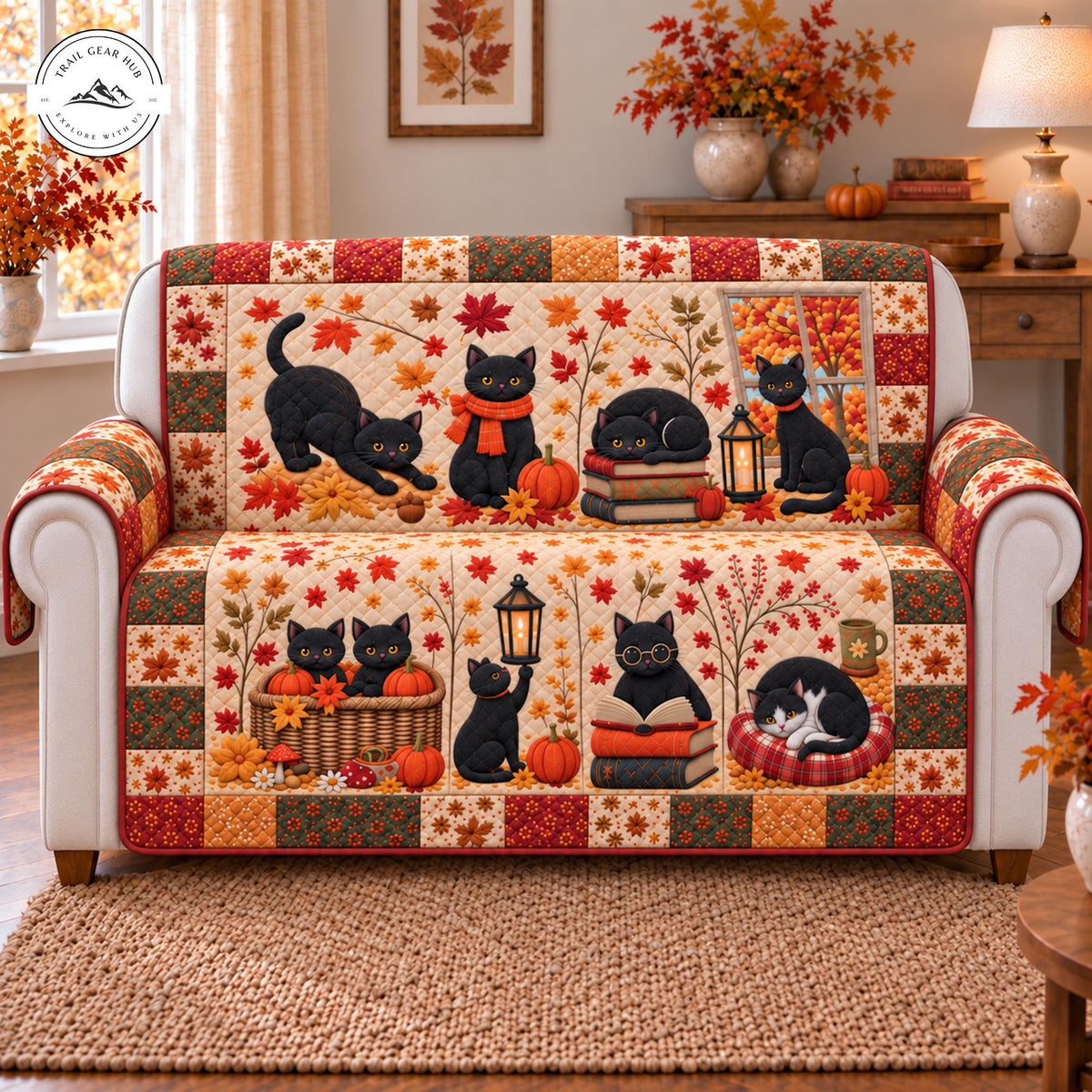 Autumn Black Cat & Pumpkin Quilted Seat Sofa TP95
