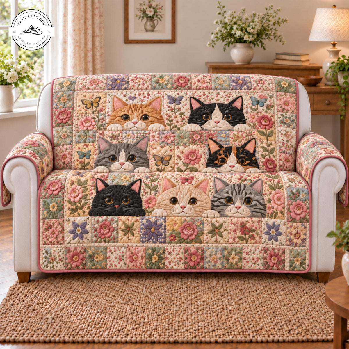 Vintage Floral Cat Quilted Seat Sofa TP125