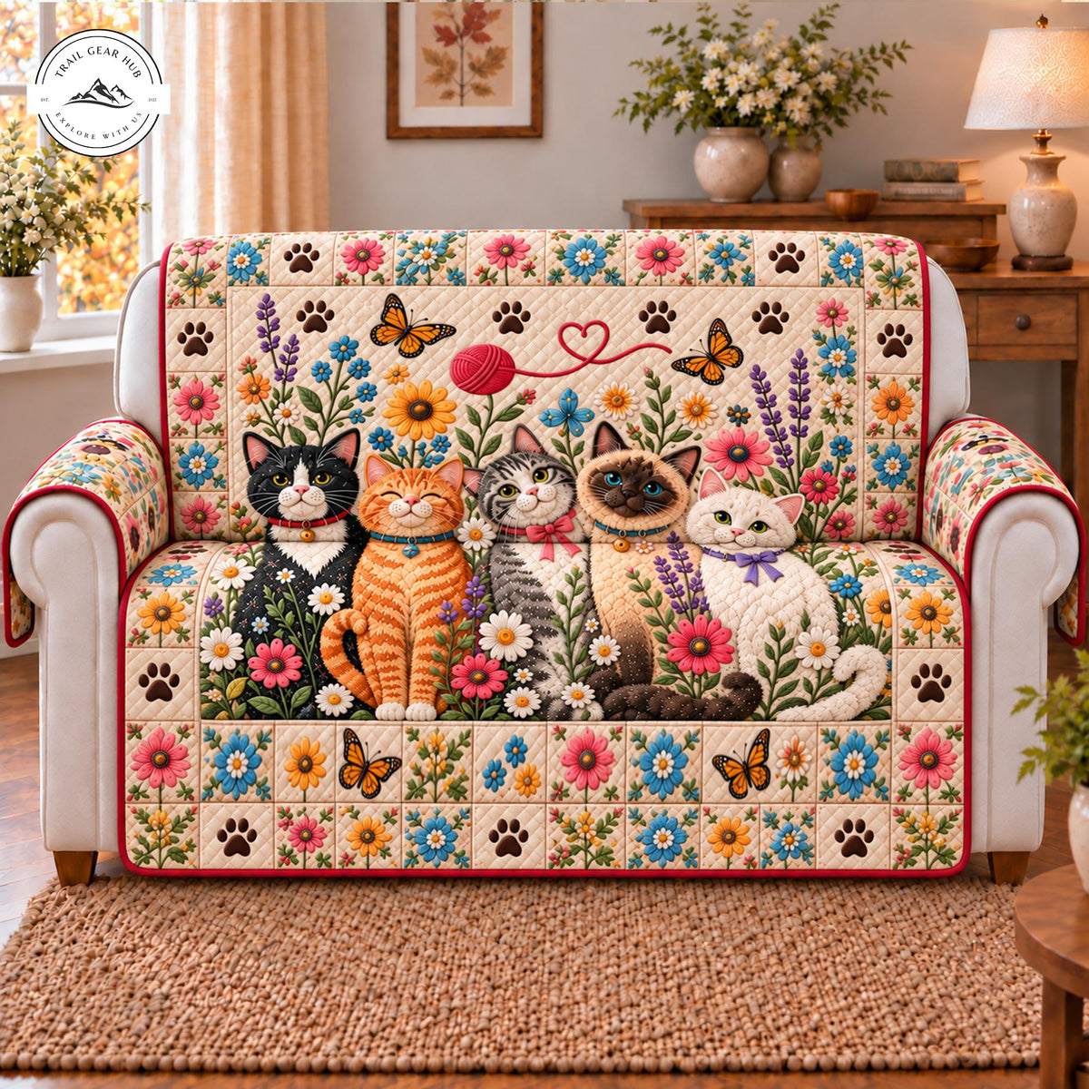 Charming Cats & Flowers Quilted Seat Sofa TP128