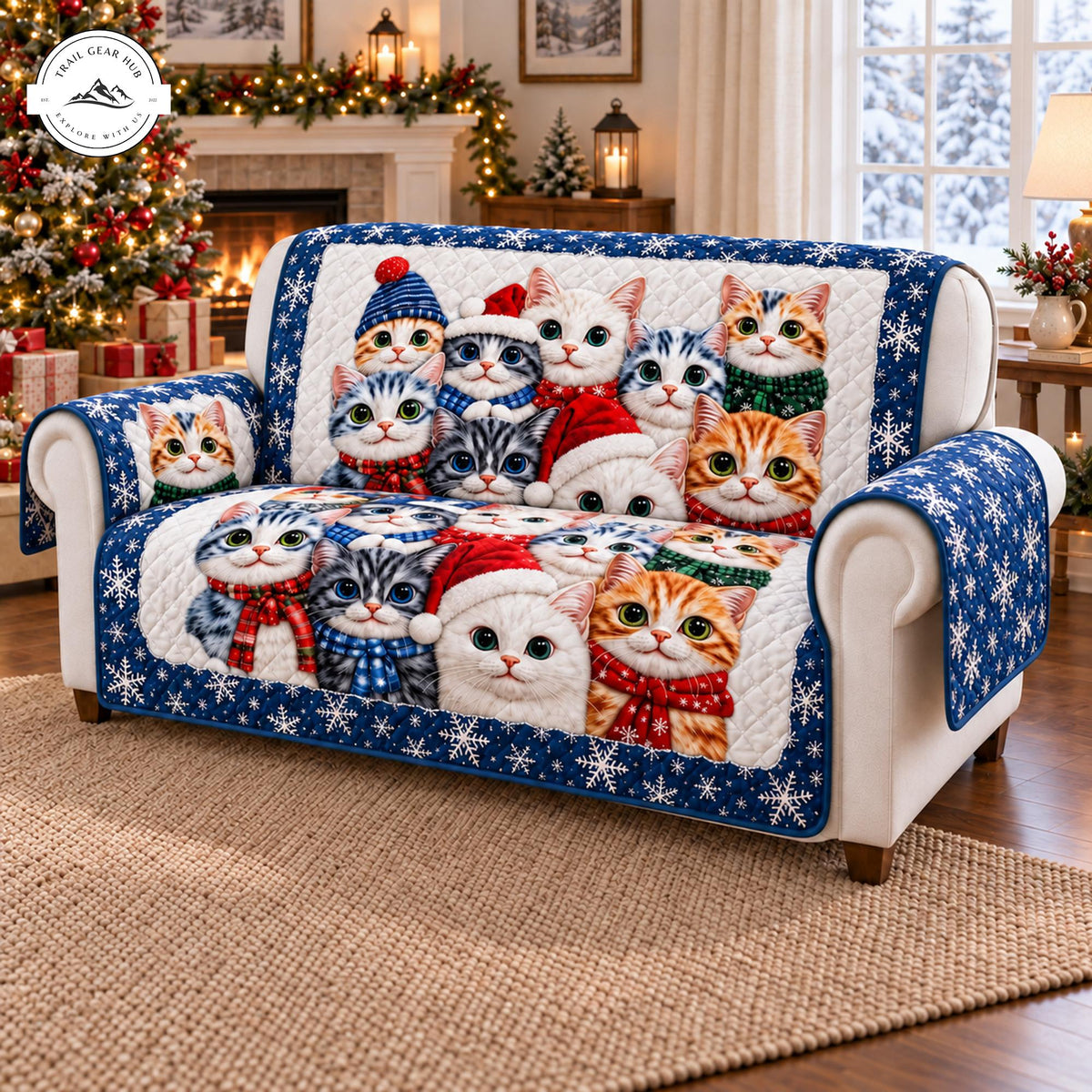 Festive Christmas Cat Patterned Quilted Seat Sofa TP131