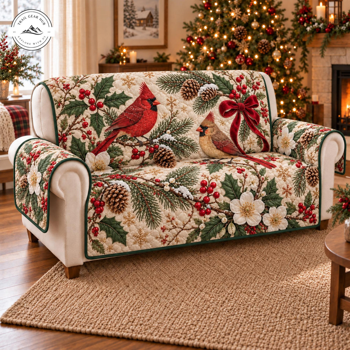 Holiday Cardinal & Pinecone Pattern Quilted Seat Sofa TP132