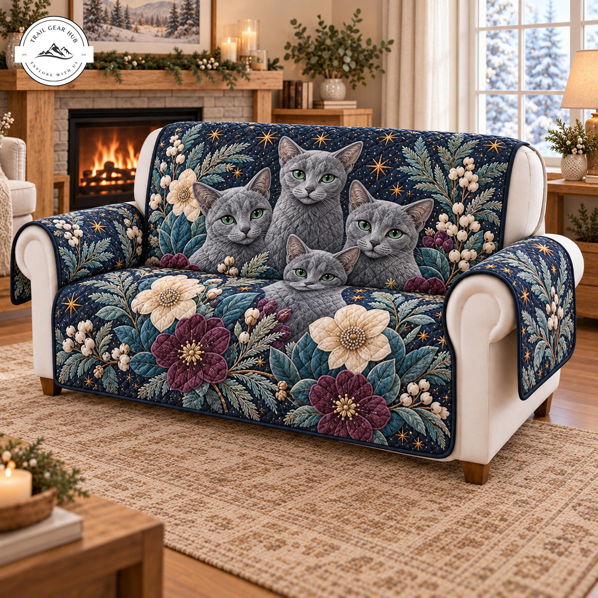 Blue Floral Cat Quilted Seat Sofa TP159