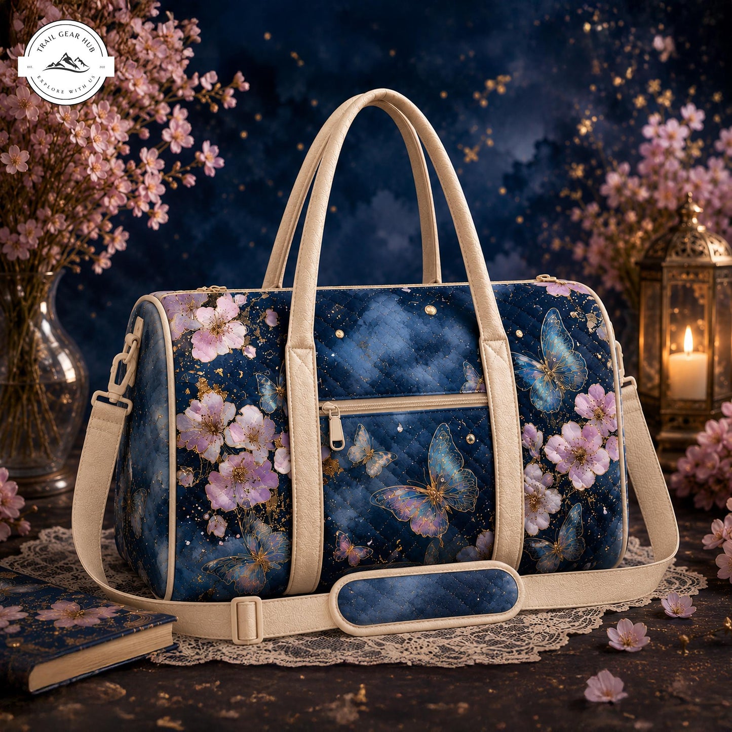 Midnight Cherry Blossom Quilted Travel Bag TP12