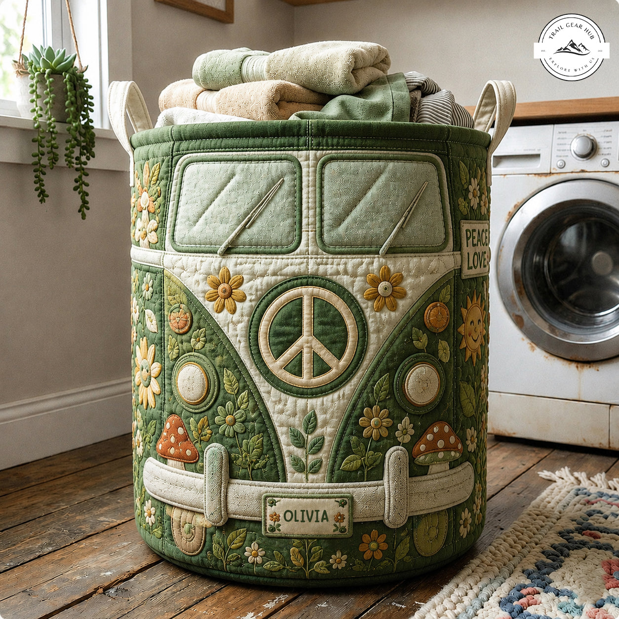 Hippie Camper Van Peace Personalized Quilted Laundry Basket TP03