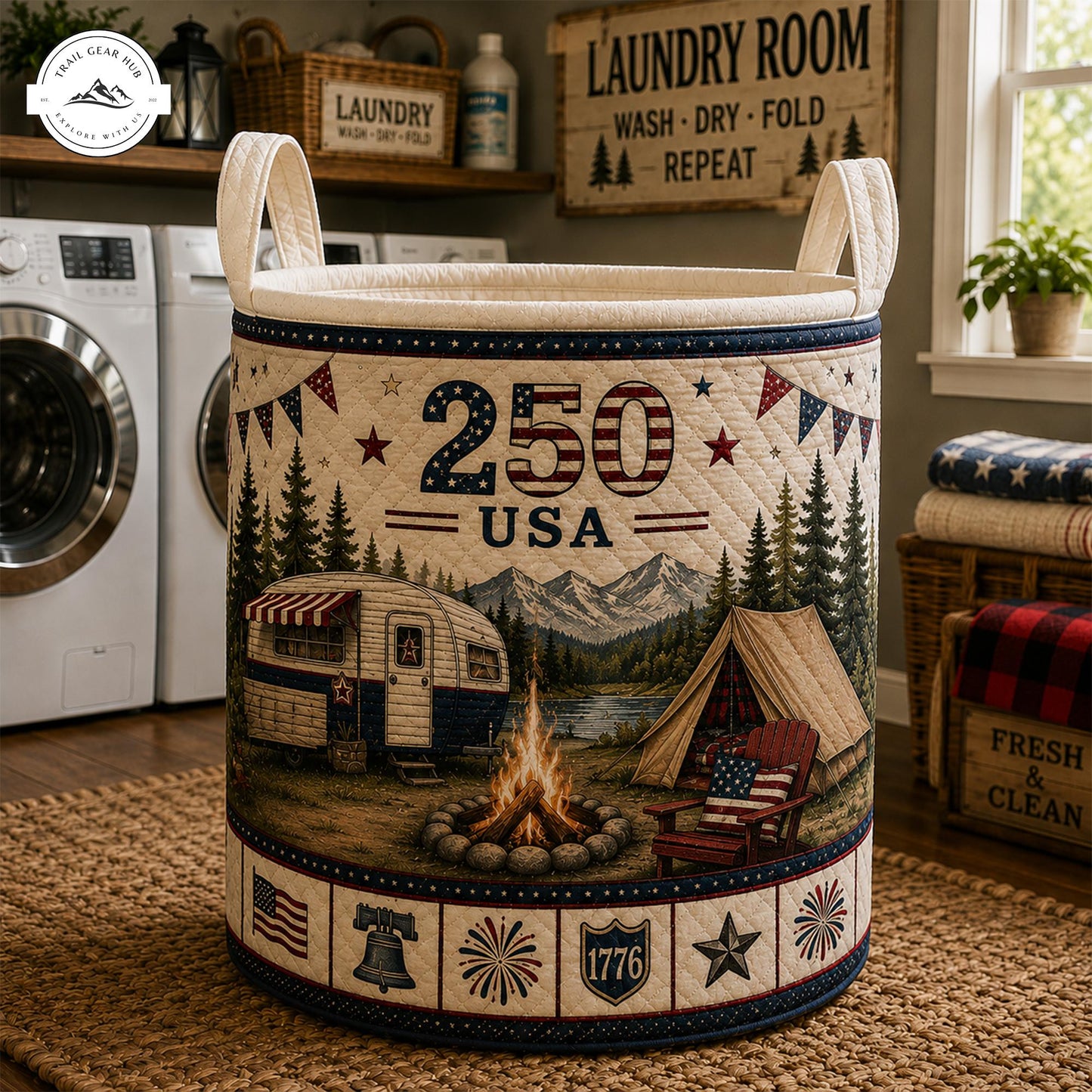 America 250 USA Camping Patriotic Quilted Laundry Basket TP17