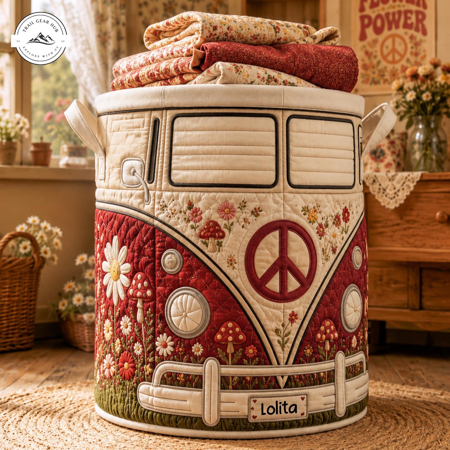 Flower Power Hippie Bus Personalized Quilted Laundry Basket TP21