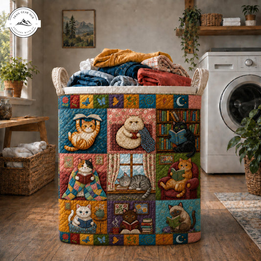 Cats Reading Books Quilted Laundry Basket TP33