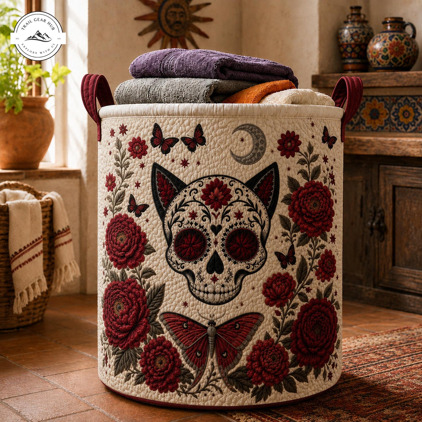 Sugar Skull Cat & Red Roses Quilted Laundry Basket TP55