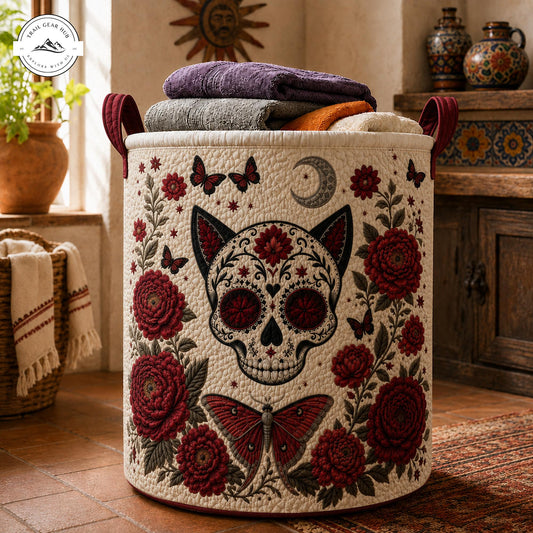 Sugar Skull Cat & Red Roses Quilted Laundry Basket TP55