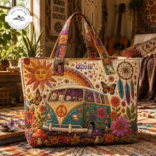 Hippie Camper Van Personalized Quilted Tote Bag TP02