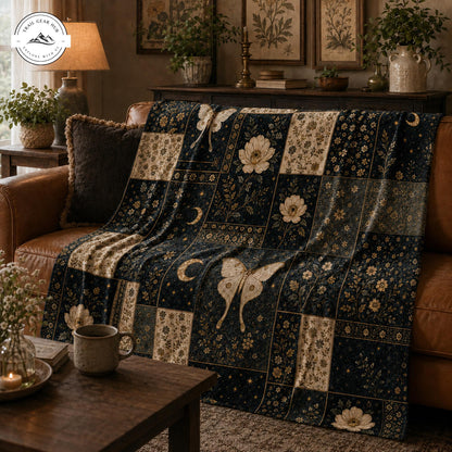 Celestial Luna Moth & Botanical Patchwork Sherpa Blanket TP05