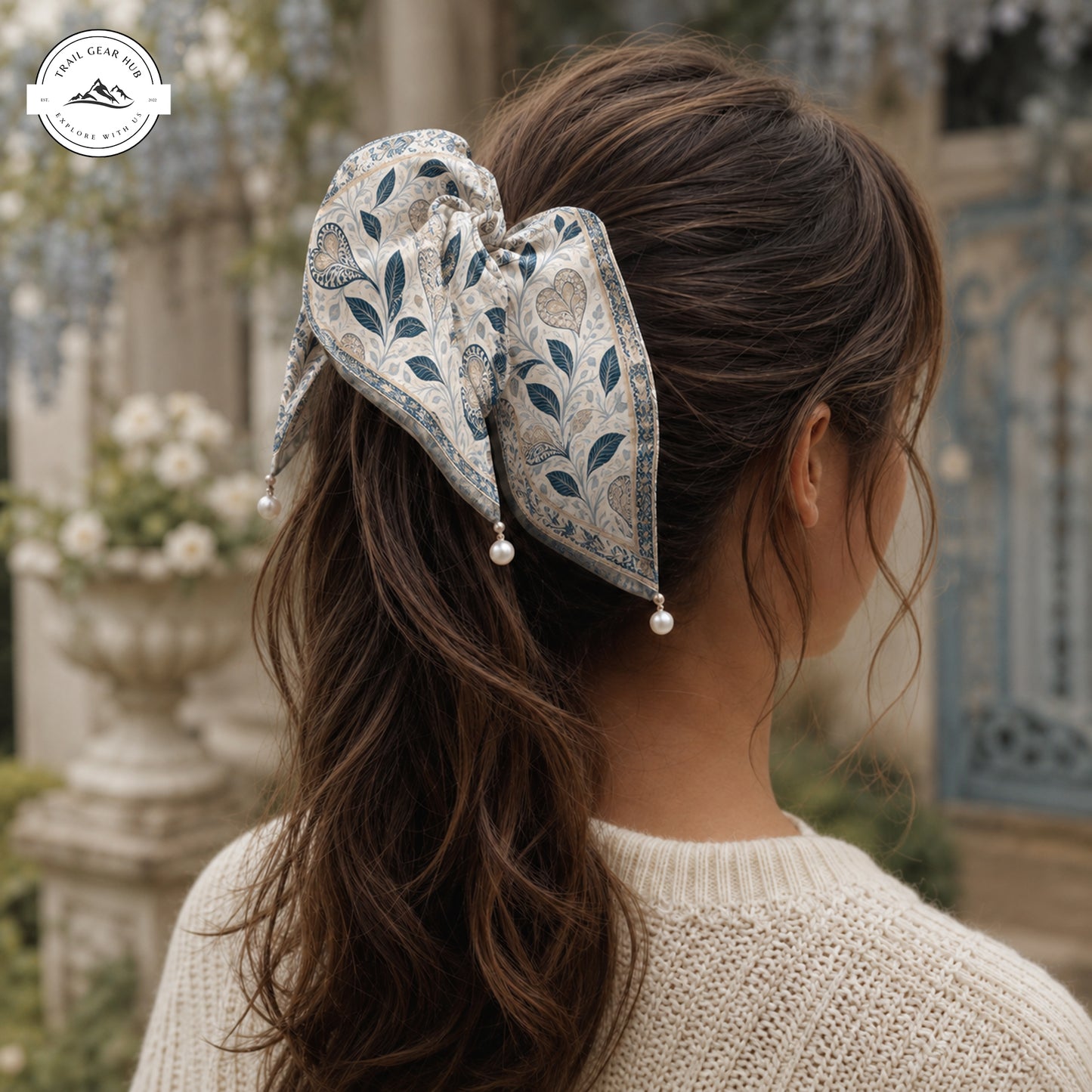 Vintage Floral Satin Pearl Hair Tie TP01