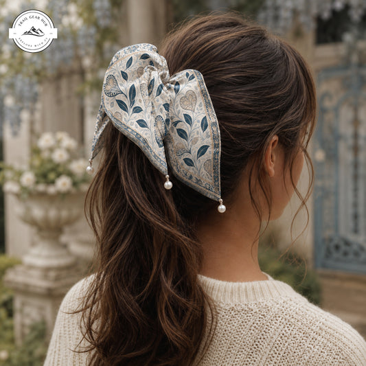 Vintage Floral Satin Pearl Hair Tie TP01
