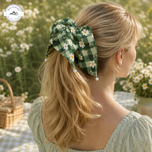 Cottagecore Green Gingham Satin Pearl Hair Tie TP02
