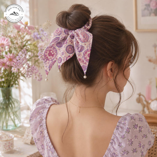 Purple Floral Satin Pearl Hair Tie TP03