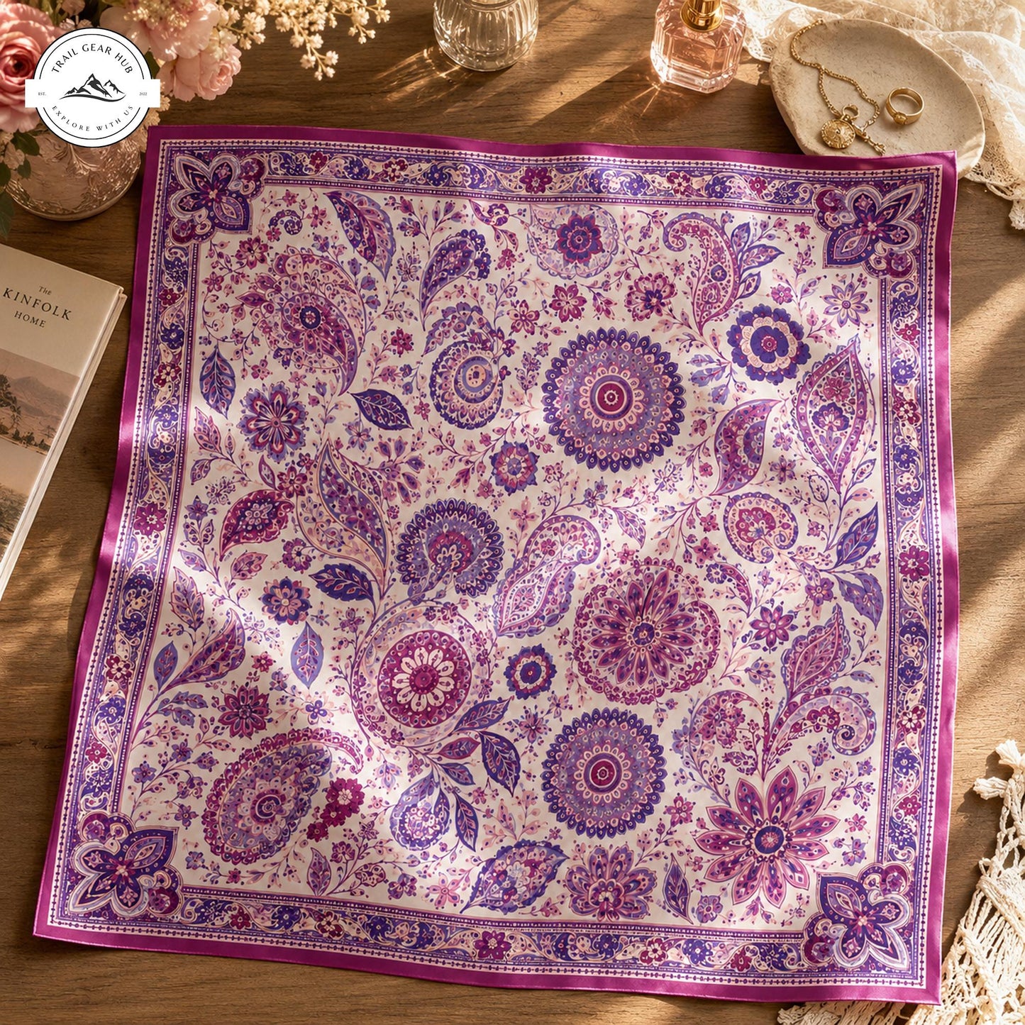 Purple Paisley Floral Satin Square Scarf TP02