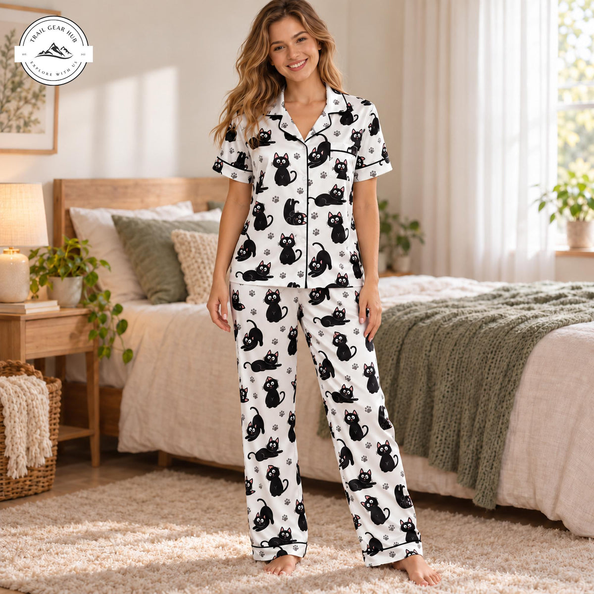 Cute Black Cat Print Women Satin Pajama Short Sleeves Long Pants TP09