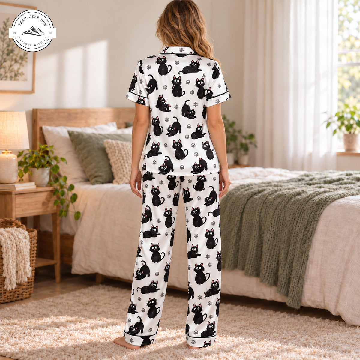 Cute Black Cat Print Women Satin Pajama Short Sleeves Long Pants TP09