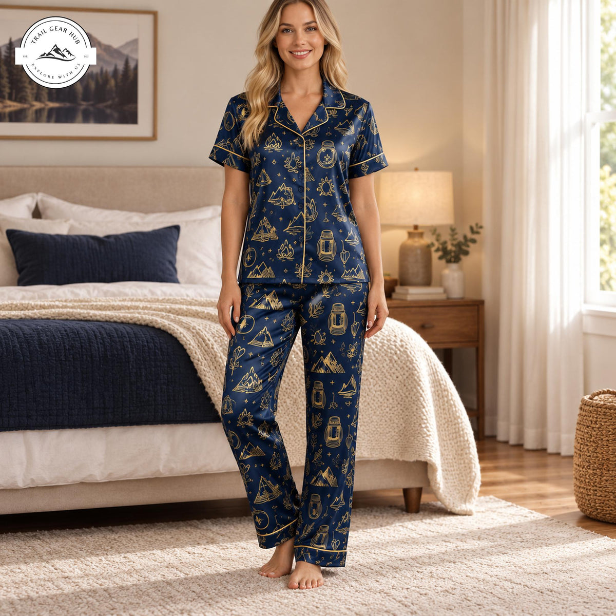 Cozy Celestial Camping Women Satin Pajama Short Sleeves Long Pants TP10