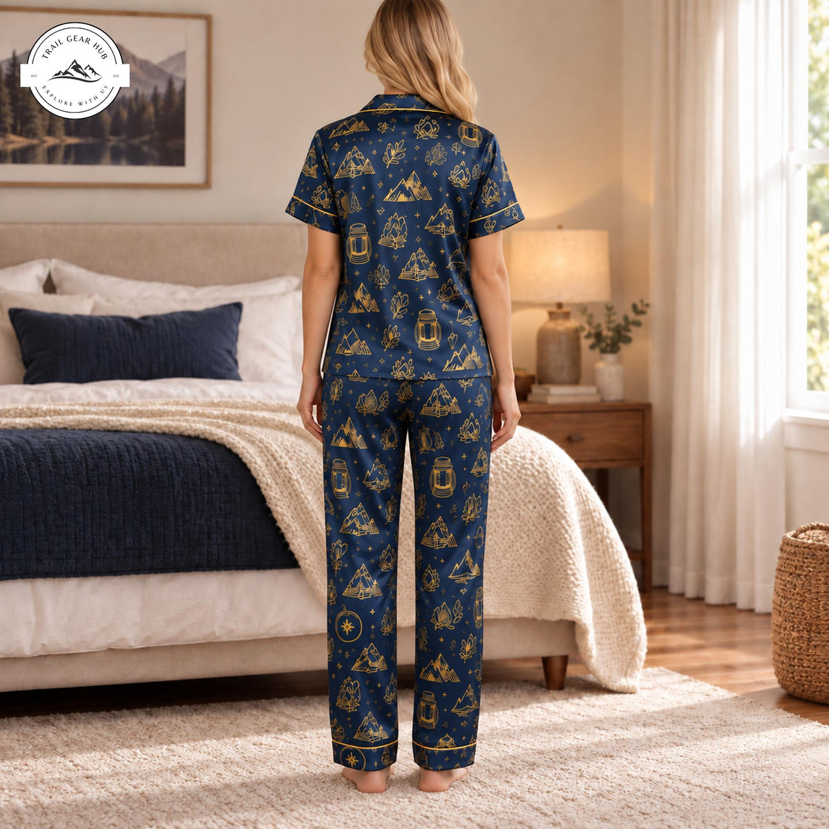 Cozy Celestial Camping Women Satin Pajama Short Sleeves Long Pants TP10