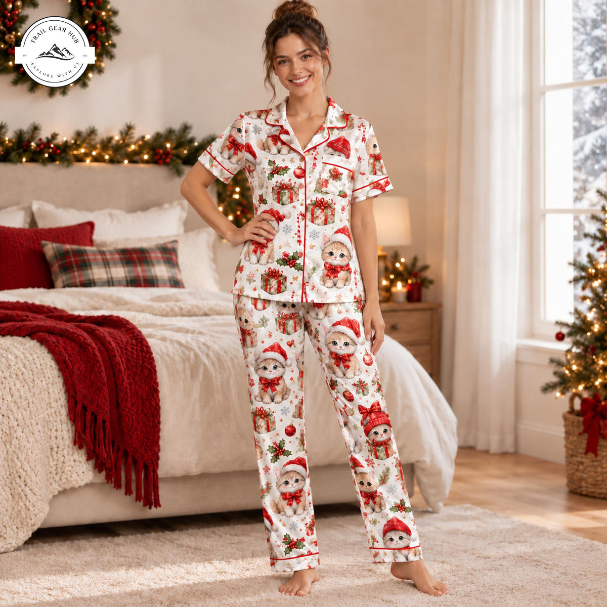 Festive Cute Kitten Women Satin Pajama Short Sleeves Long Pants TP12