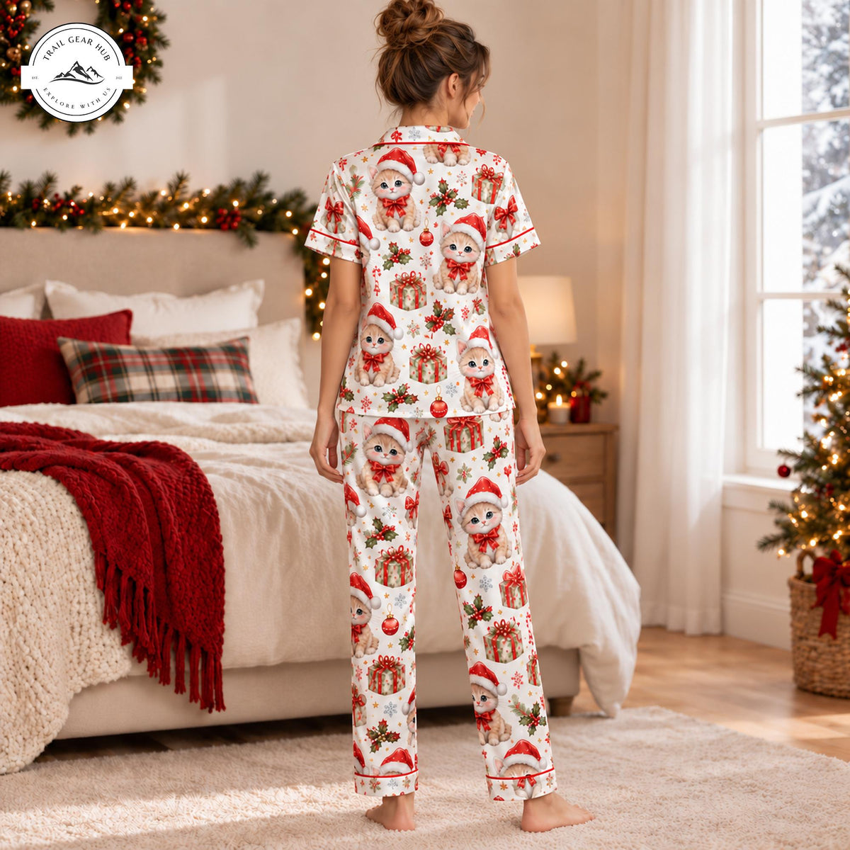 Festive Cute Kitten Women Satin Pajama Short Sleeves Long Pants TP12