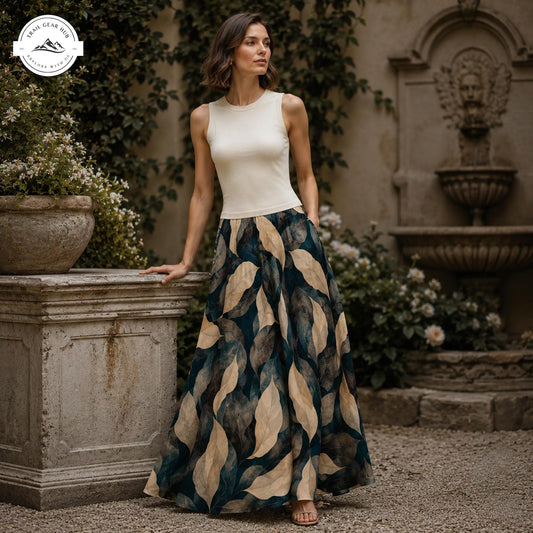 Boho Leaf Pattern Women's Maxi Chiffon Skirts With Lining TP02