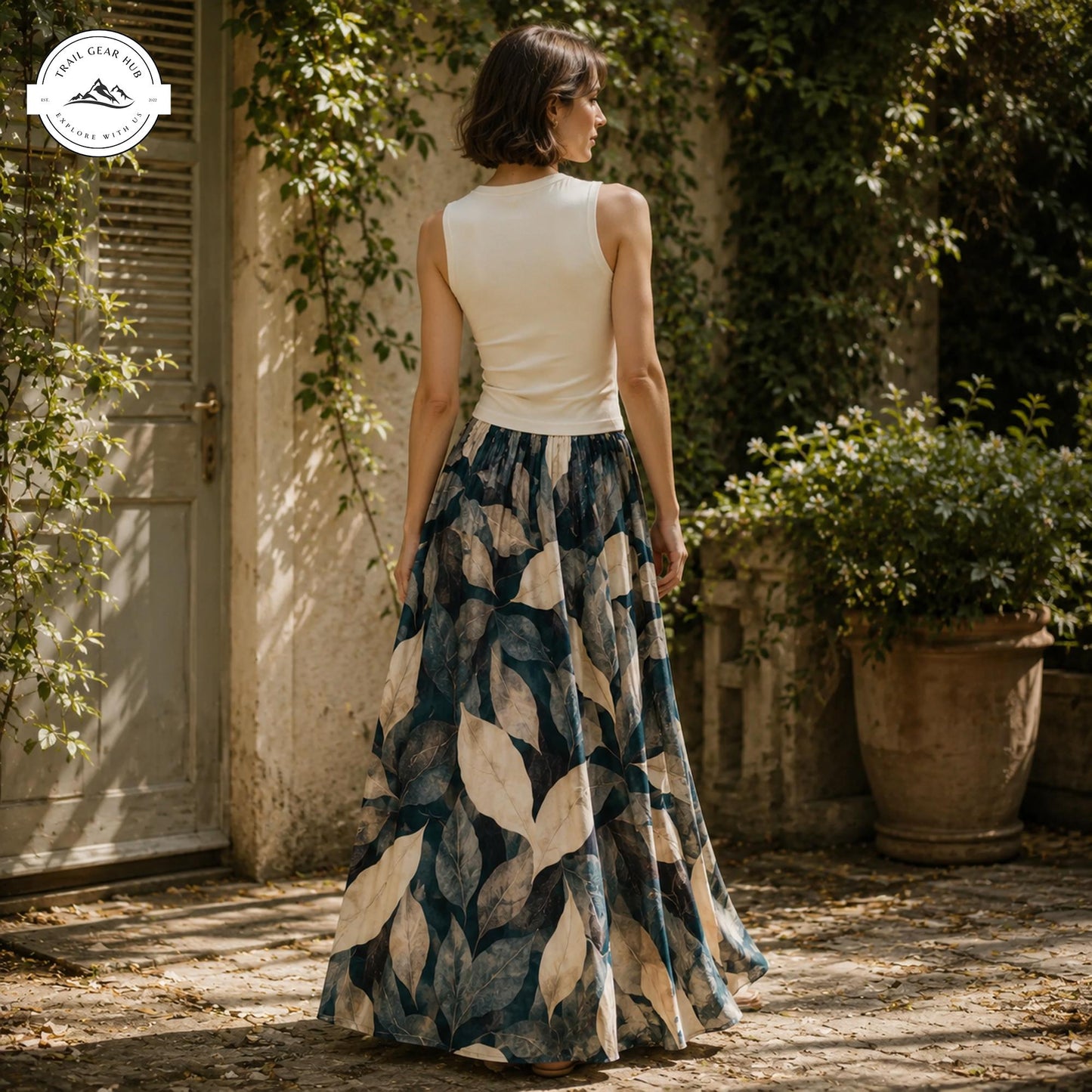 Boho Leaf Pattern Women's Maxi Chiffon Skirts With Lining TP02