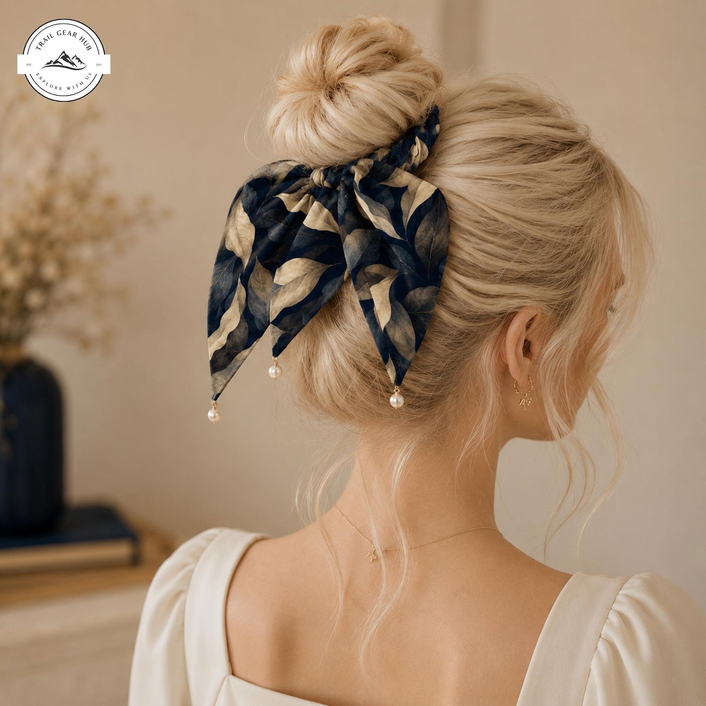 Boho Leaf Pattern Satin Pearl Hair Tie TP02SPHT