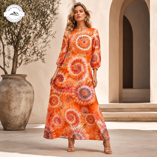 Vibrant Orange Sunburst Women's Mid Length Sleeve Dress TP05