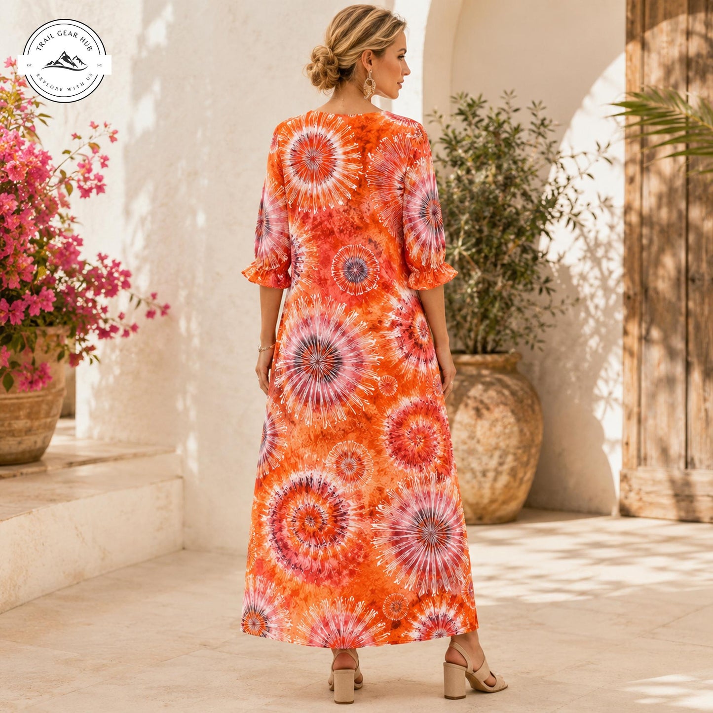 Vibrant Orange Sunburst Women's Mid Length Sleeve Dress TP05