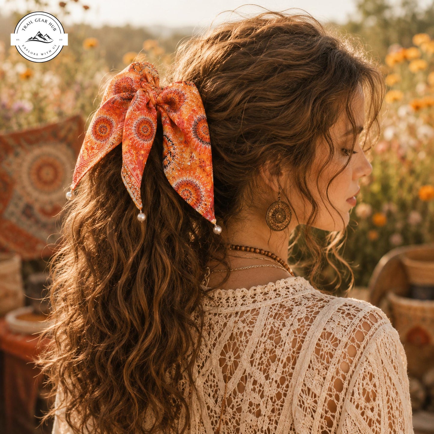Vibrant Orange Sunburst Satin Pearl Hair Tie TP05SPHT