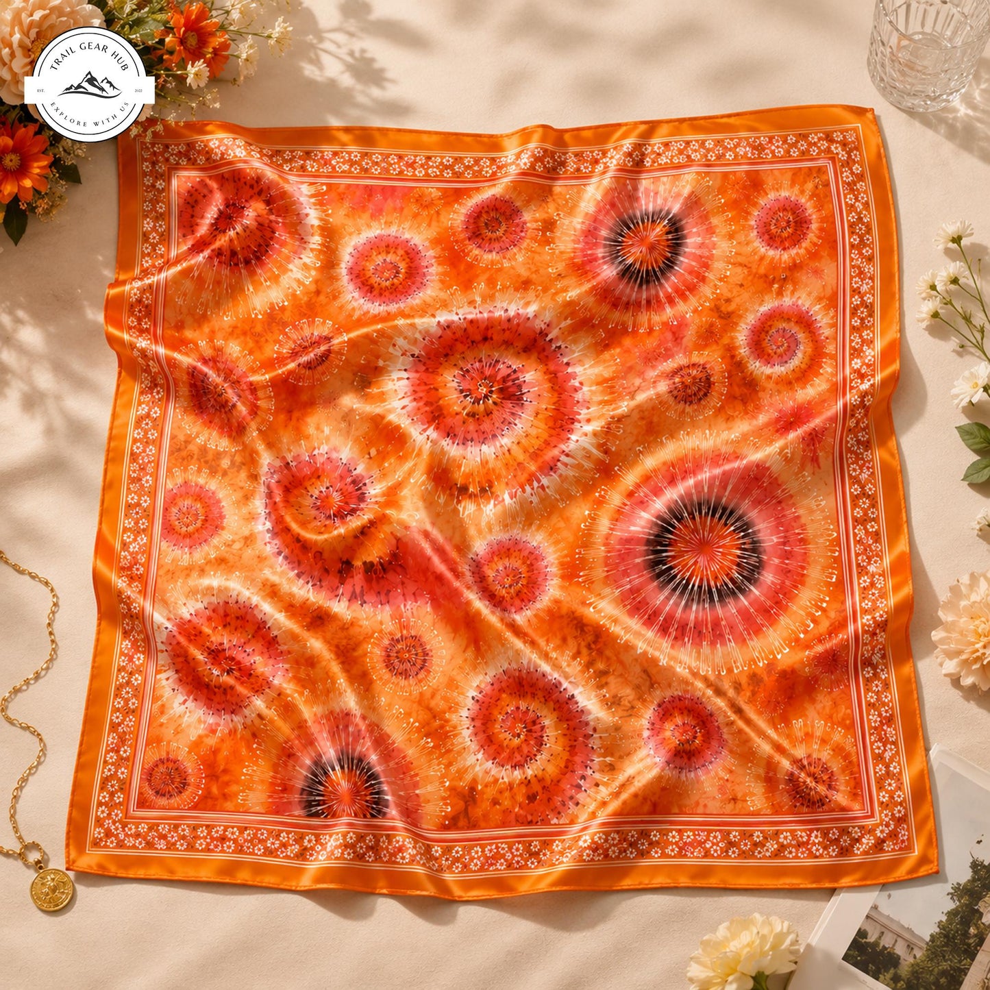 Vibrant Orange Sunburst Satin Square Scarf TP05SSBD