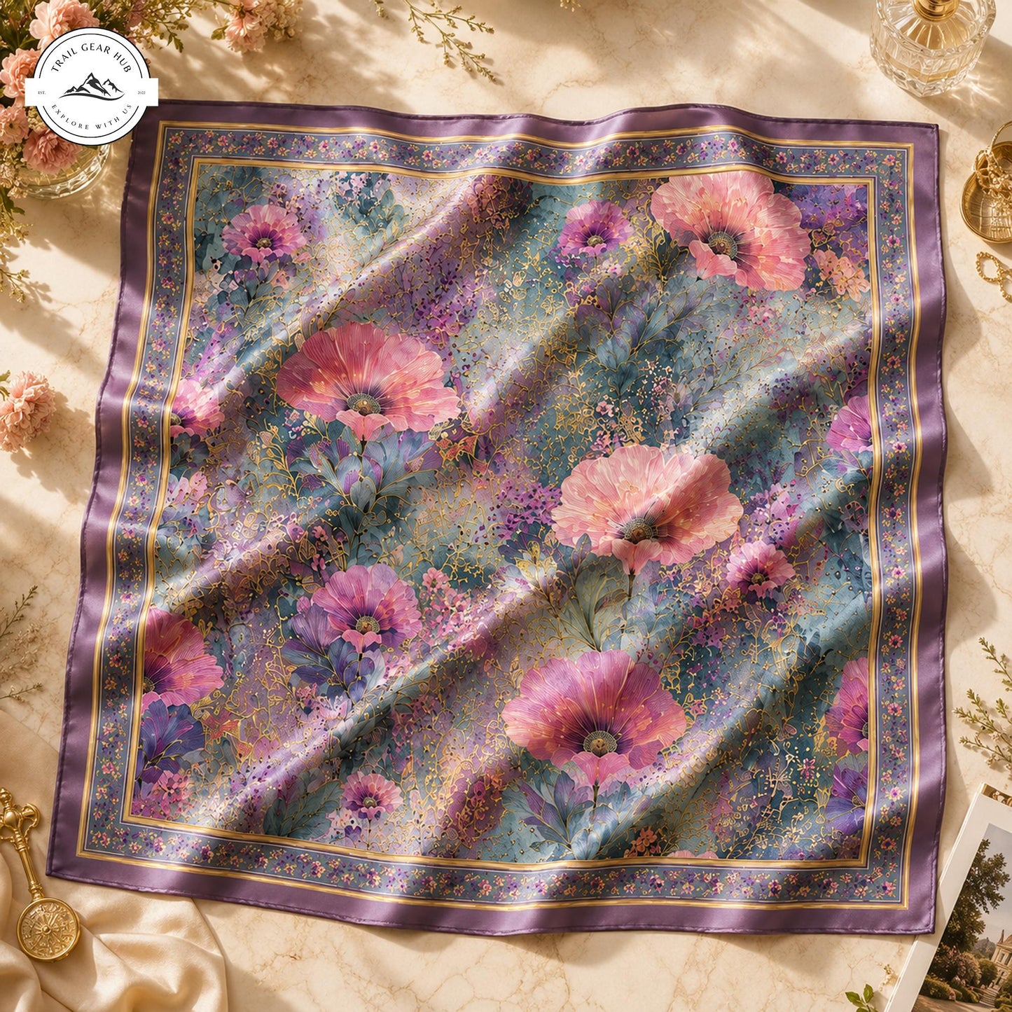Vintage Floral Satin Square Scarf TP06SSBD
