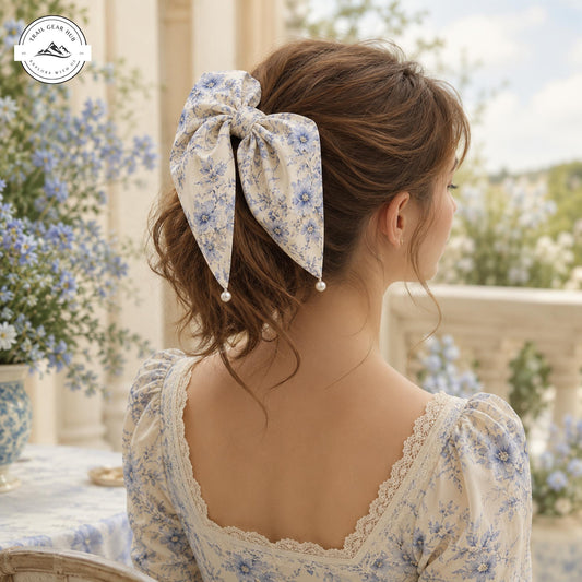 Vintage Blue Floral Satin Pearl Hair Tie TP08SPHT