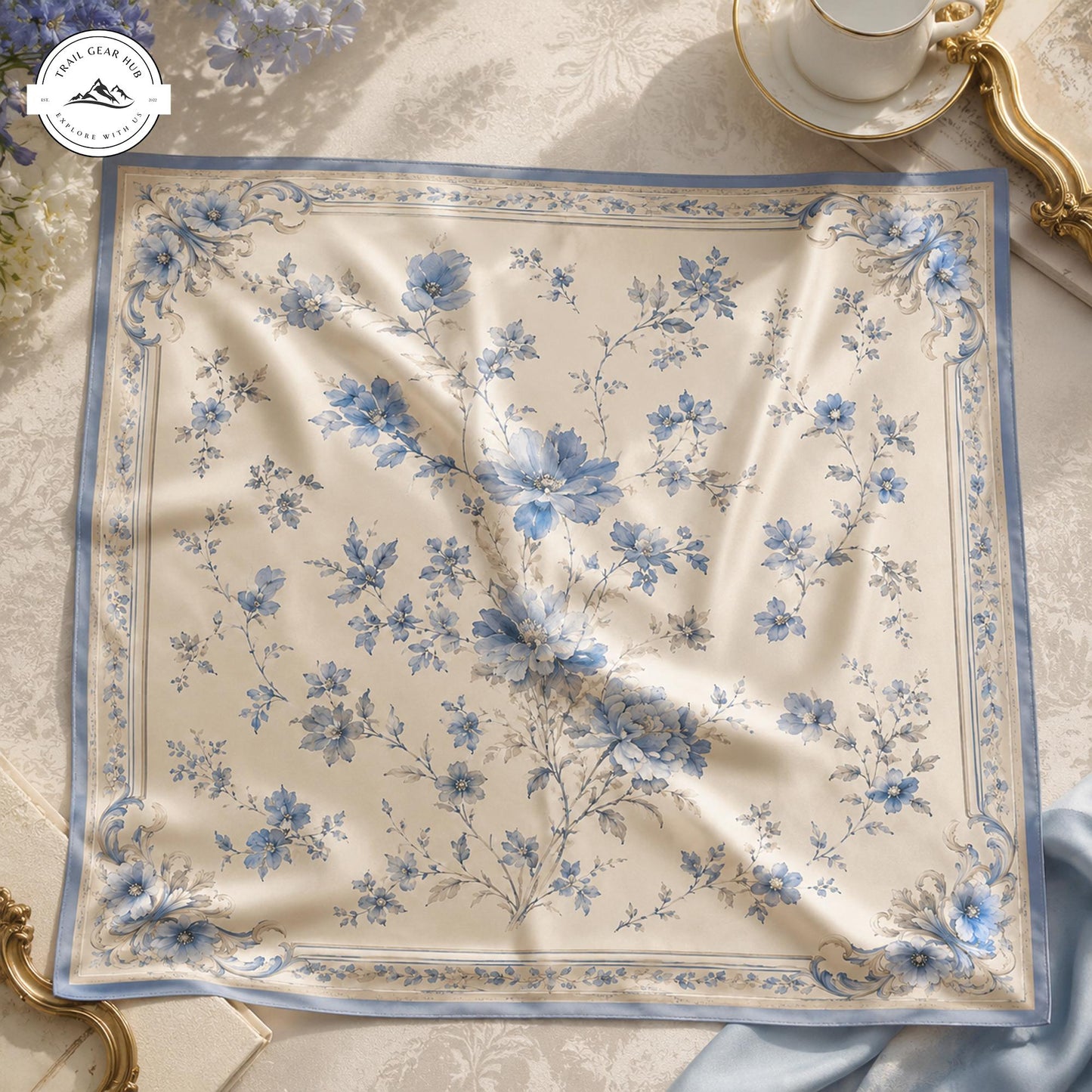 Vintage Blue Floral Satin Square Scarf TP08SSBD