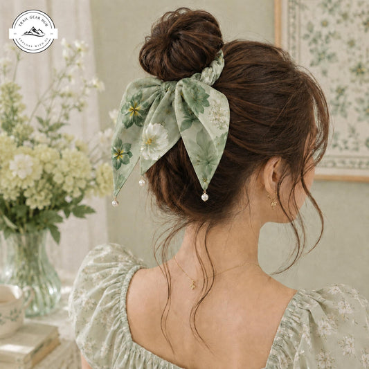 Cottagecore  Sage Green Satin Pearl Hair Tie TP09SPHT