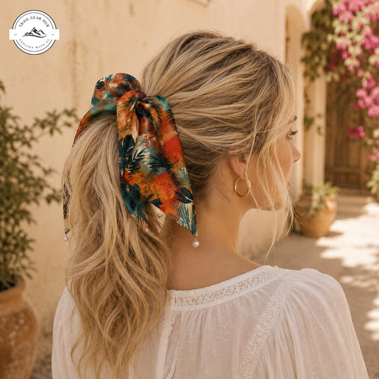 Boho Tropical Floral Satin Pearl Hair Tie TP04SPHT