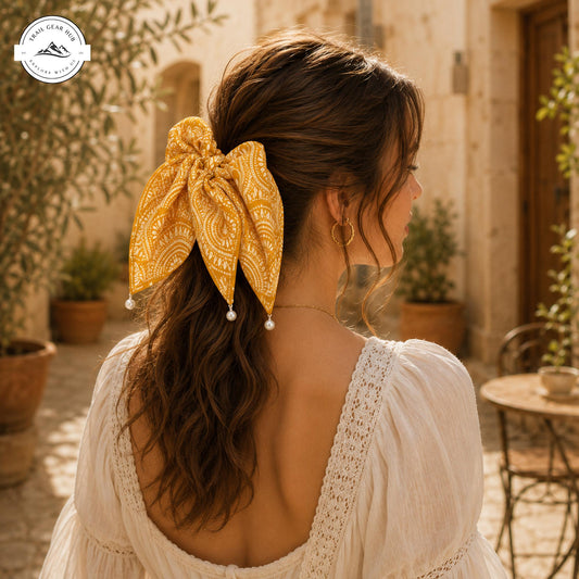 Boho Yellow Print Satin Pearl Hair Tie TP05SPHT
