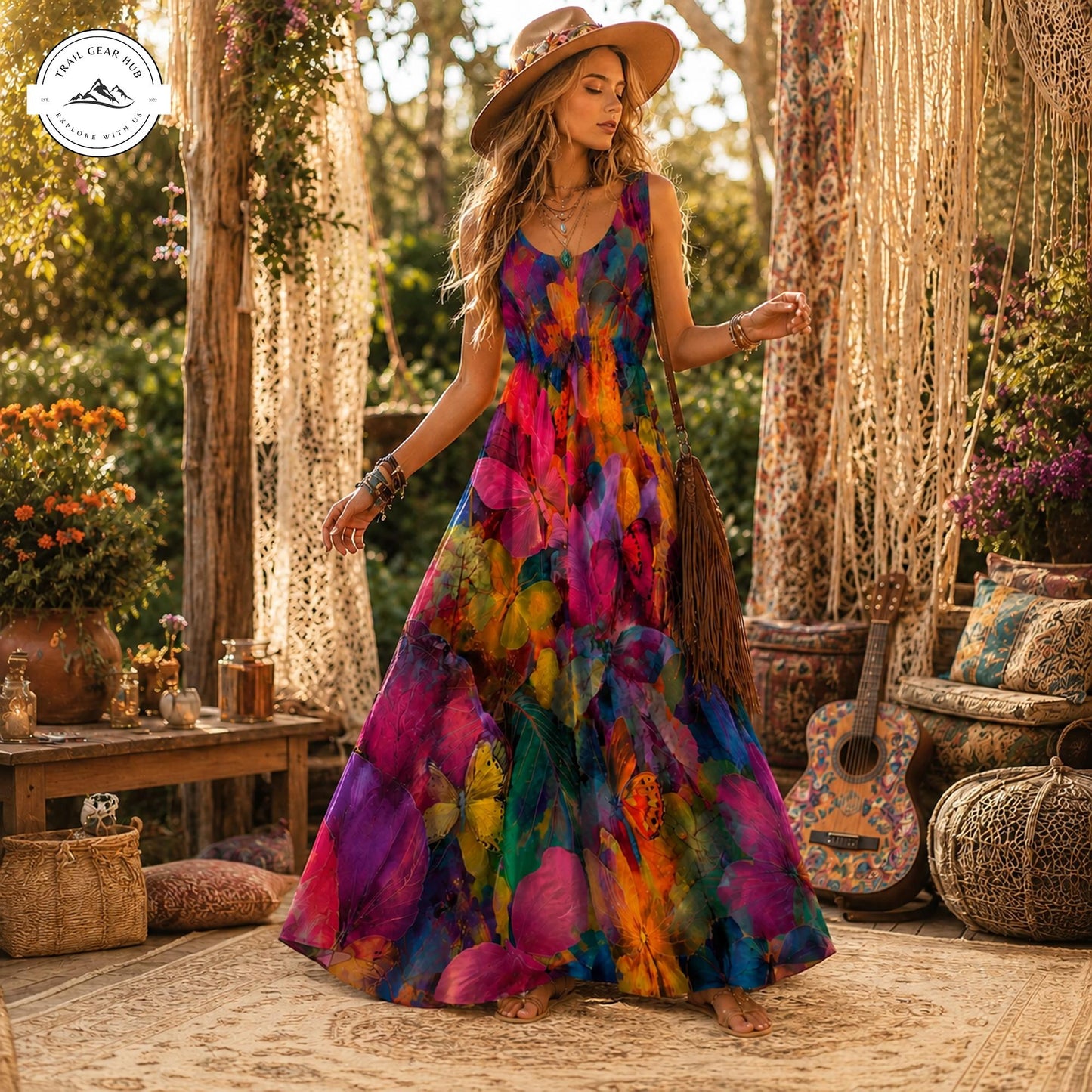 Butterfly and Floral Women’s Sleeveless Maxi Dress TP05