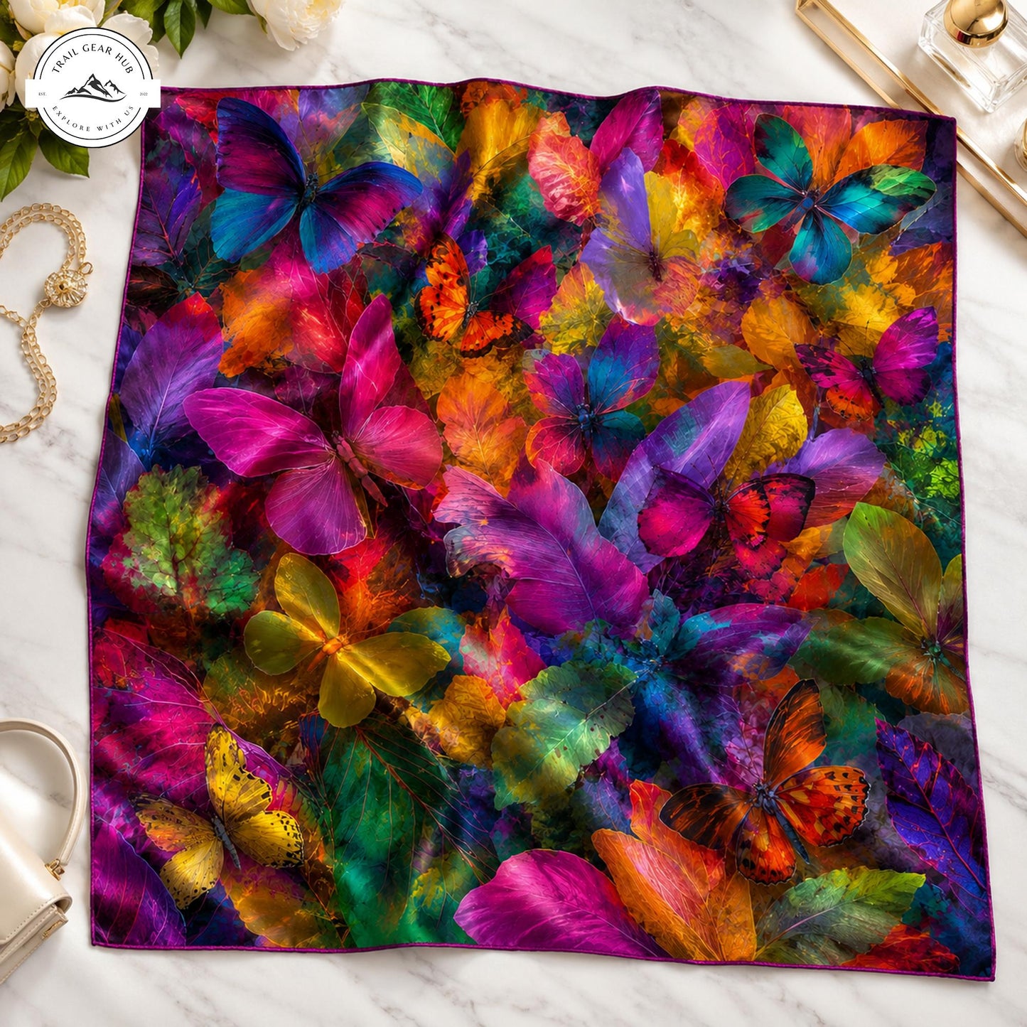 Butterfly and Floral Satin Square Scarf TP05SSBD