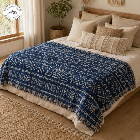 Navy Blue Geometric Woven Throw Blankets TP06