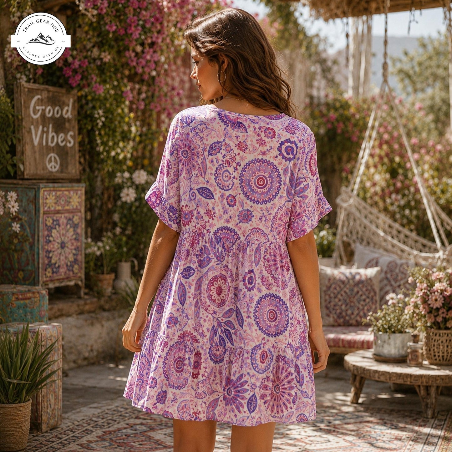 Purple Boho Women’s Flowy V Neck Dress TP02