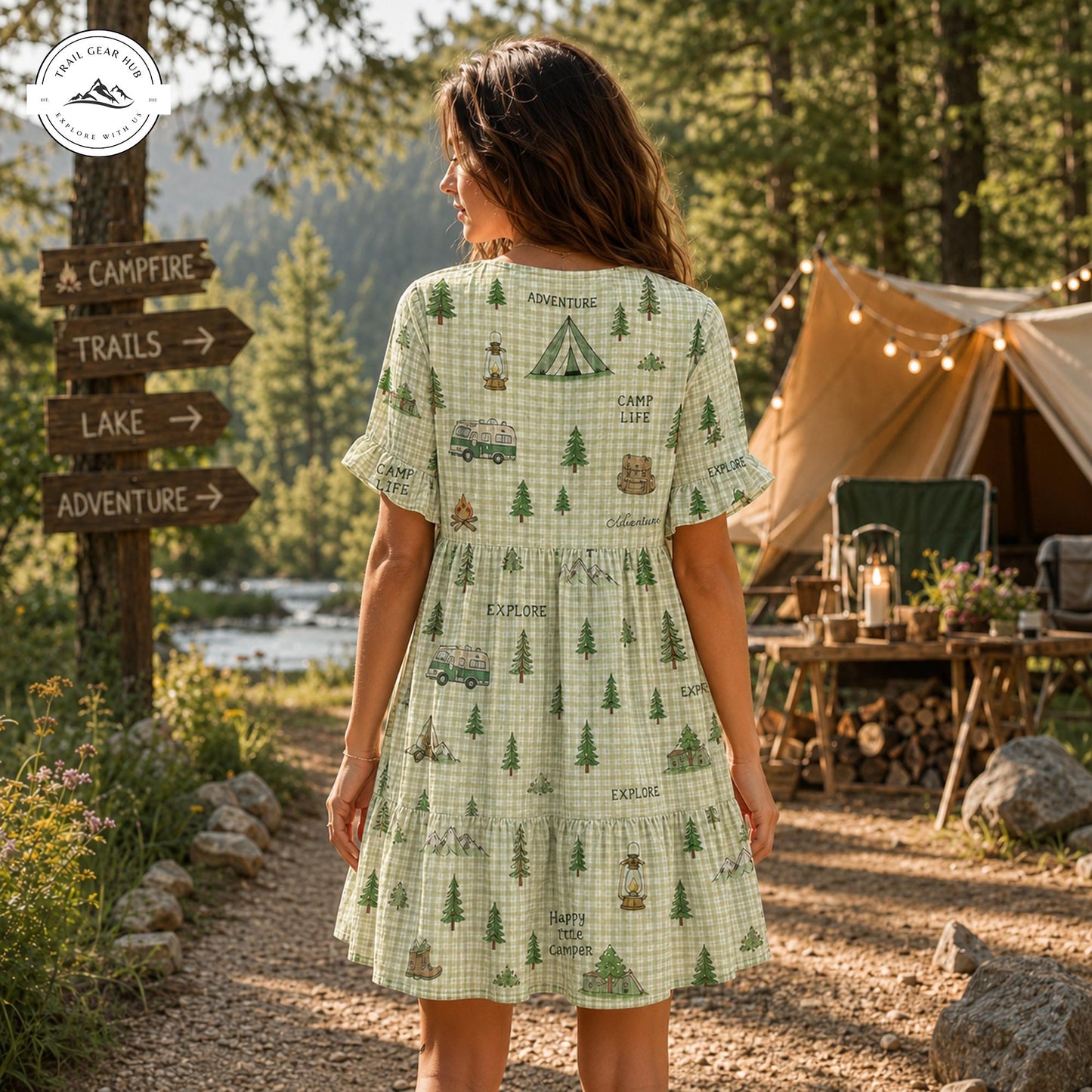 Camp Life Gingham Women’s Flowy V Neck Dress TP03